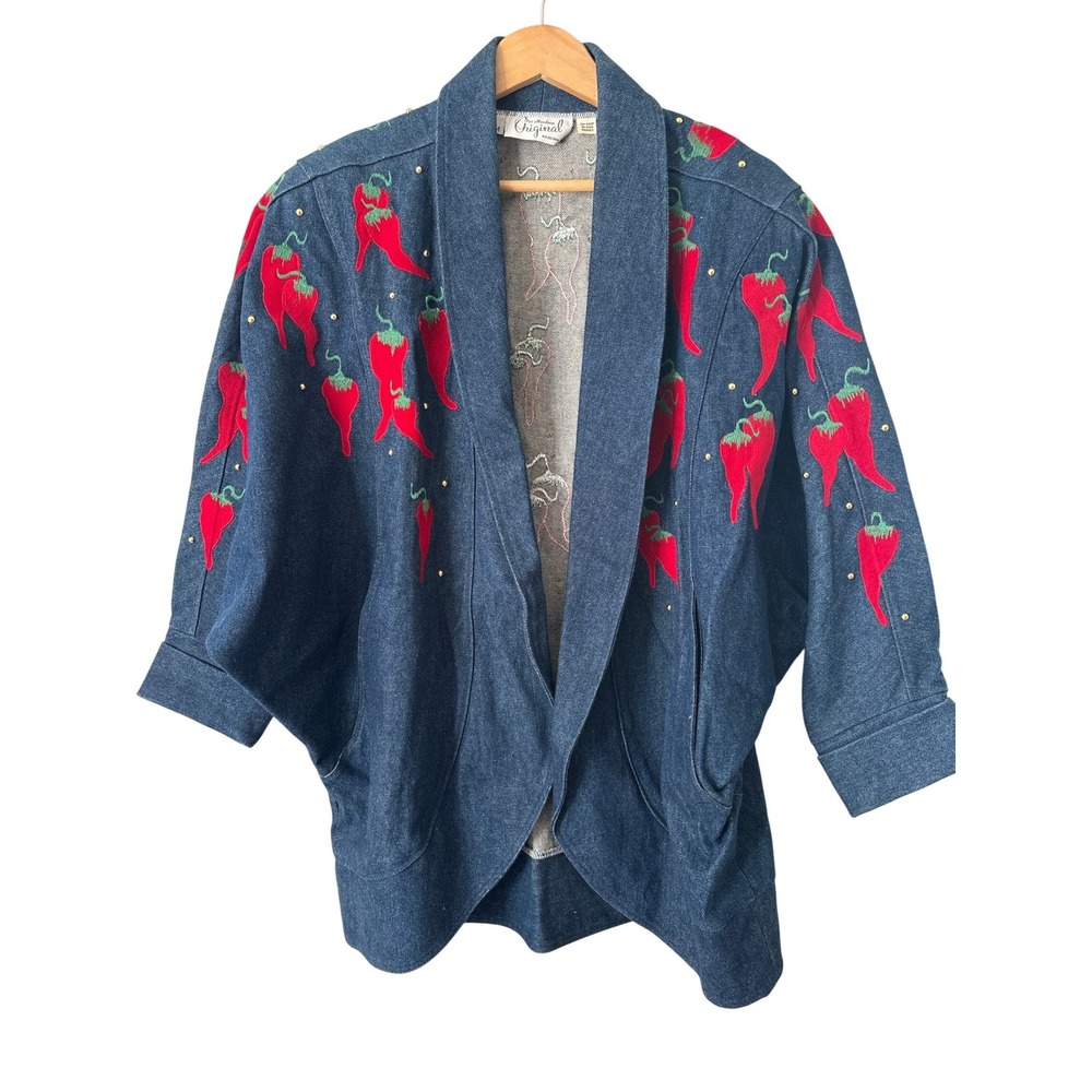 Pat Hardison Womens Chili Pepper Denim Kimono Jacket Size M Southwestern Vintage